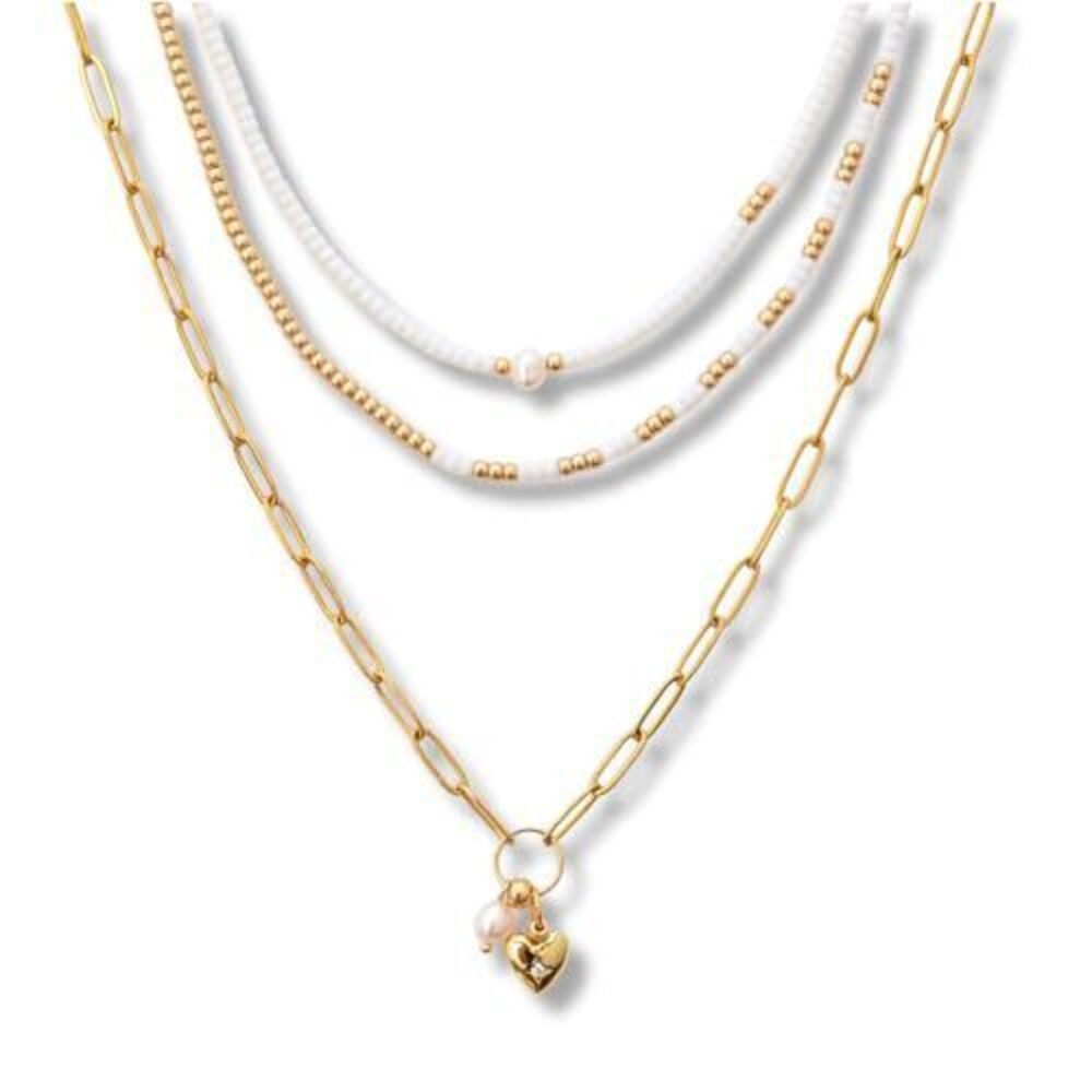 9315 Boho Set of 3 Necklaces and Teen Girls, White Gold and Genuine Pearls